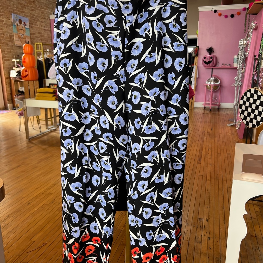 Ann Taylor Black Pantsuit with Blue and Red Floral Design